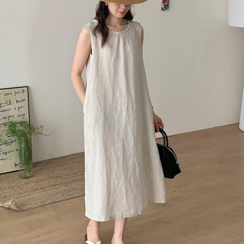 Women's Round Neck Sleeveless Gathered Neck Straight Linen Midi Dress Casual Summer Beach Vacation - Seldom Seen Styles