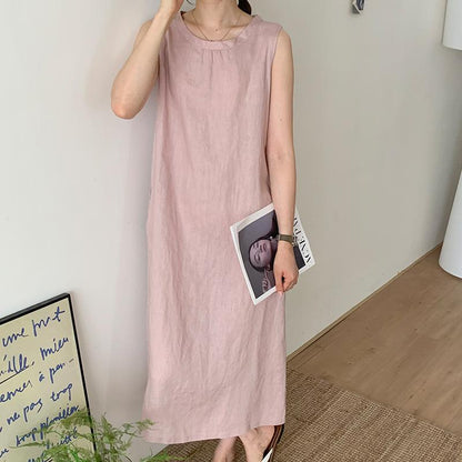 Women's Round Neck Sleeveless Gathered Neck Straight Linen Midi Dress Casual Summer Beach Vacation