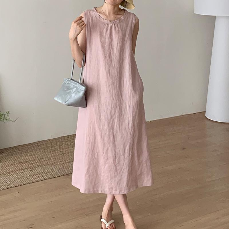 Women's Round Neck Sleeveless Gathered Neck Straight Linen Midi Dress Casual Summer Beach Vacation - Seldom Seen Styles
