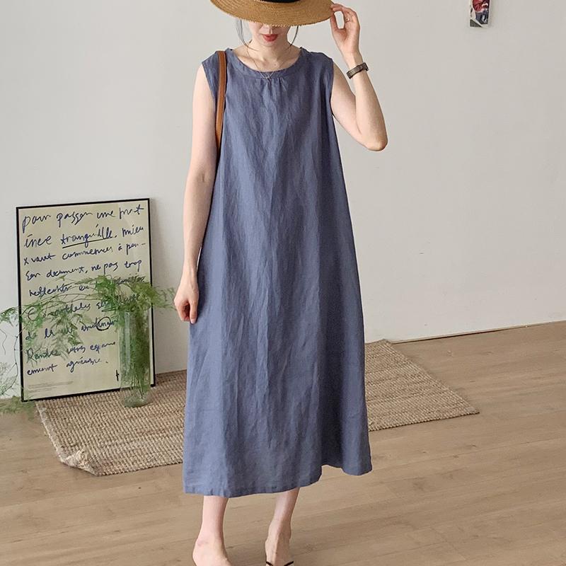 Women's Round Neck Sleeveless Gathered Neck Straight Linen Midi Dress Casual Summer Beach Vacation - Seldom Seen Styles
