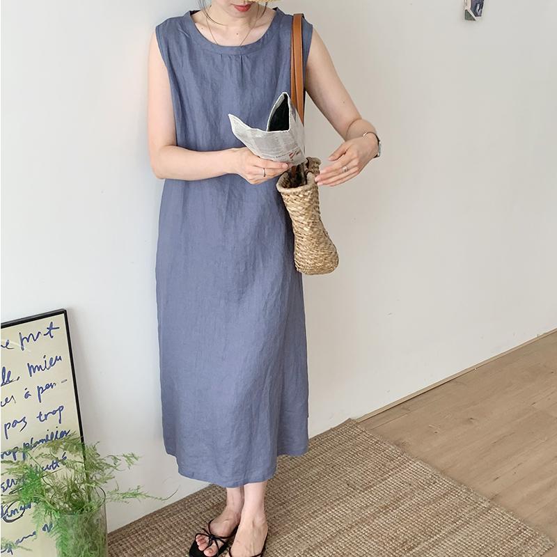 Women's Round Neck Sleeveless Gathered Neck Straight Linen Midi Dress Casual Summer Beach Vacation - Seldom Seen Styles