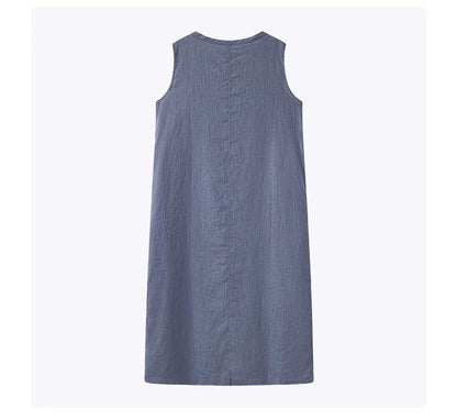 Women's Round Neck Sleeveless Gathered Neck Straight Linen Midi Dress Casual Summer Beach Vacation