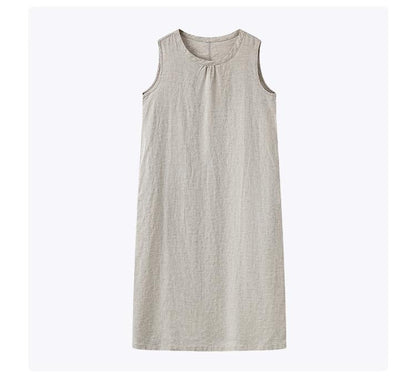 Women's Round Neck Sleeveless Gathered Neck Straight Linen Midi Dress Casual Summer Beach Vacation