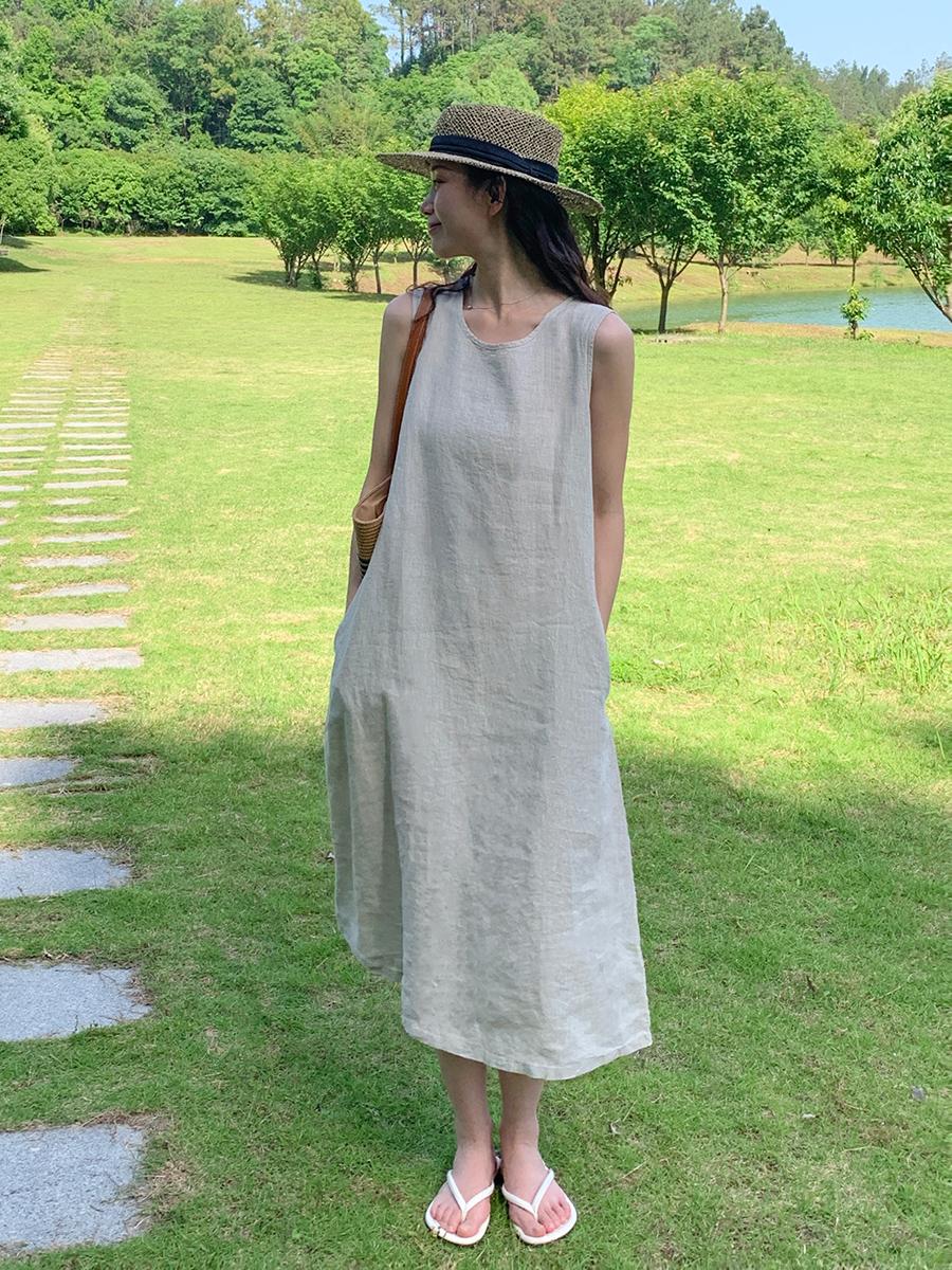 Women's Round Neck Sleeveless Loose 100% Linen Midi Dress Casual Summer Beach Vacation - Seldom Seen Styles