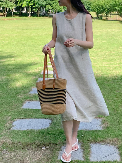Women's Round Neck Sleeveless Loose 100% Linen Midi Dress Casual Summer Beach Vacation
