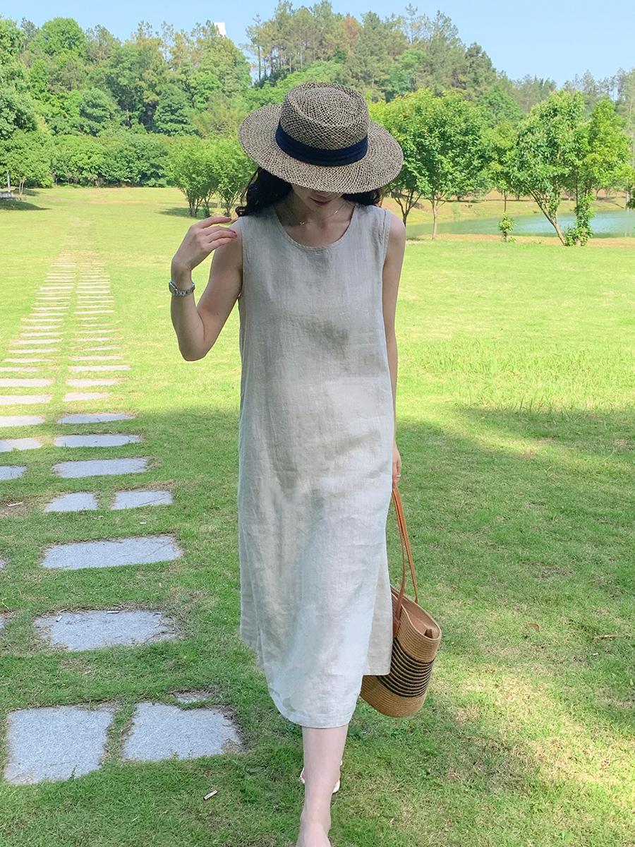 Women's Round Neck Sleeveless Loose 100% Linen Midi Dress Casual Summer Beach Vacation - Seldom Seen Styles