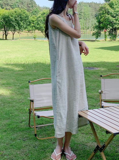 Women's Round Neck Sleeveless Loose 100% Linen Midi Dress Casual Summer Beach Vacation