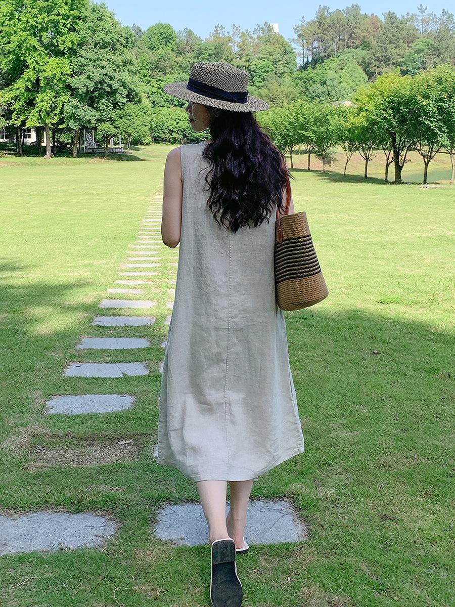 Women's Round Neck Sleeveless Loose 100% Linen Midi Dress Casual Summer Beach Vacation - Seldom Seen Styles