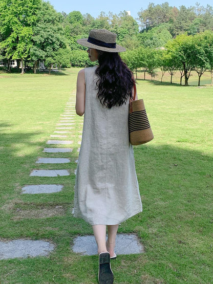 Women's Round Neck Sleeveless Loose 100% Linen Midi Dress Casual Summer Beach Vacation