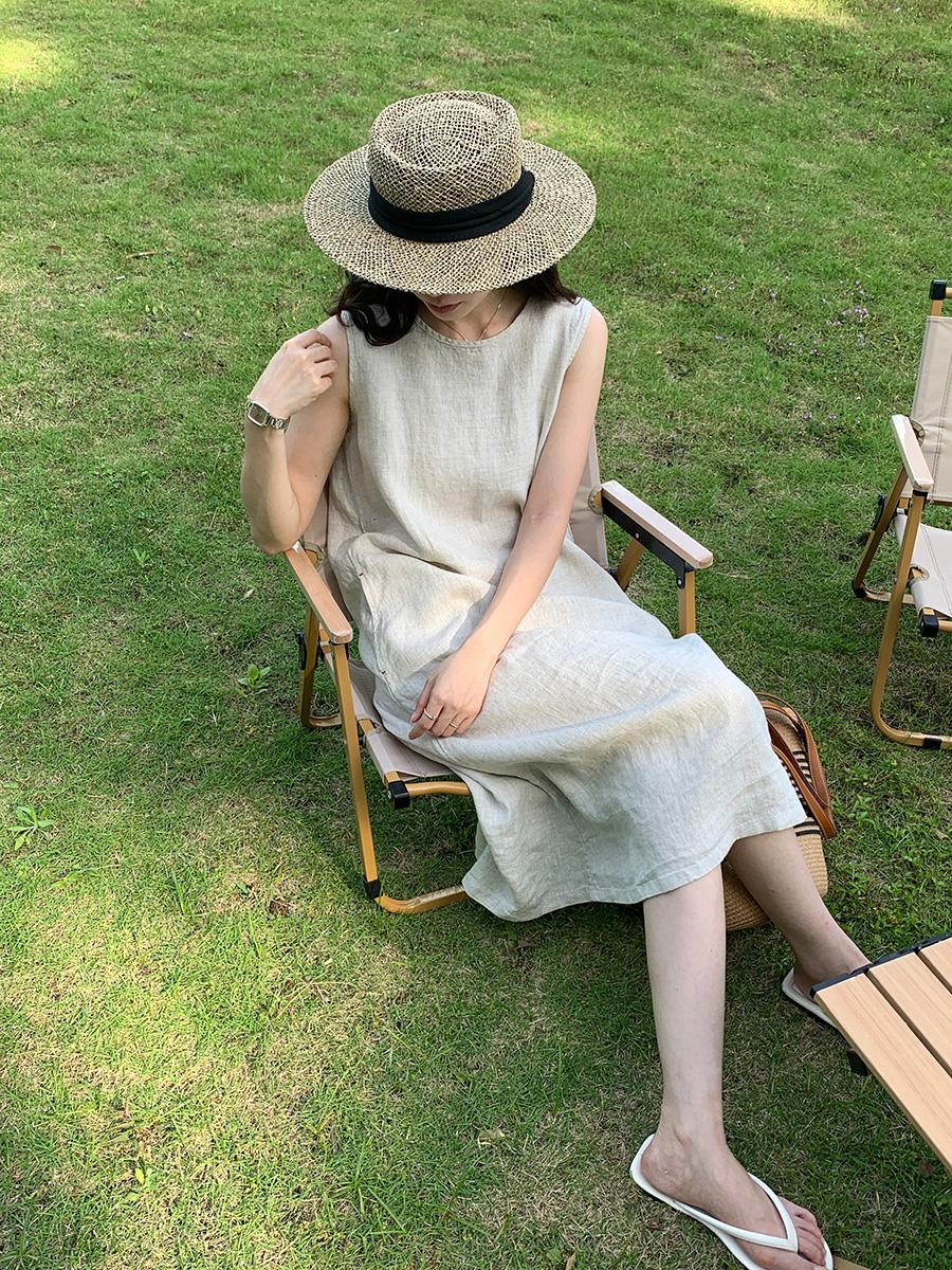 Women's Round Neck Sleeveless Loose 100% Linen Midi Dress Casual Summer Beach Vacation - Seldom Seen Styles