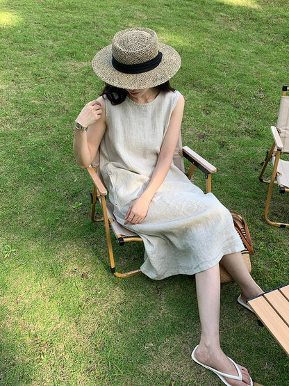 Women's Round Neck Sleeveless Loose 100% Linen Midi Dress Casual Summer Beach Vacation