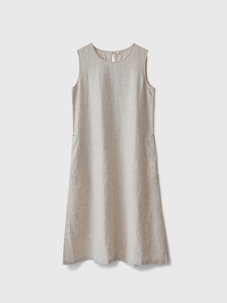 Women's Round Neck Sleeveless Loose 100% Linen Midi Dress Casual Summer Beach Vacation - Seldom Seen Styles