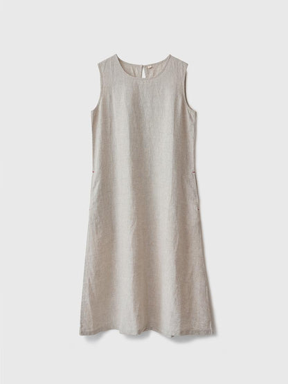 Women's Round Neck Sleeveless Loose 100% Linen Midi Dress Casual Summer Beach Vacation