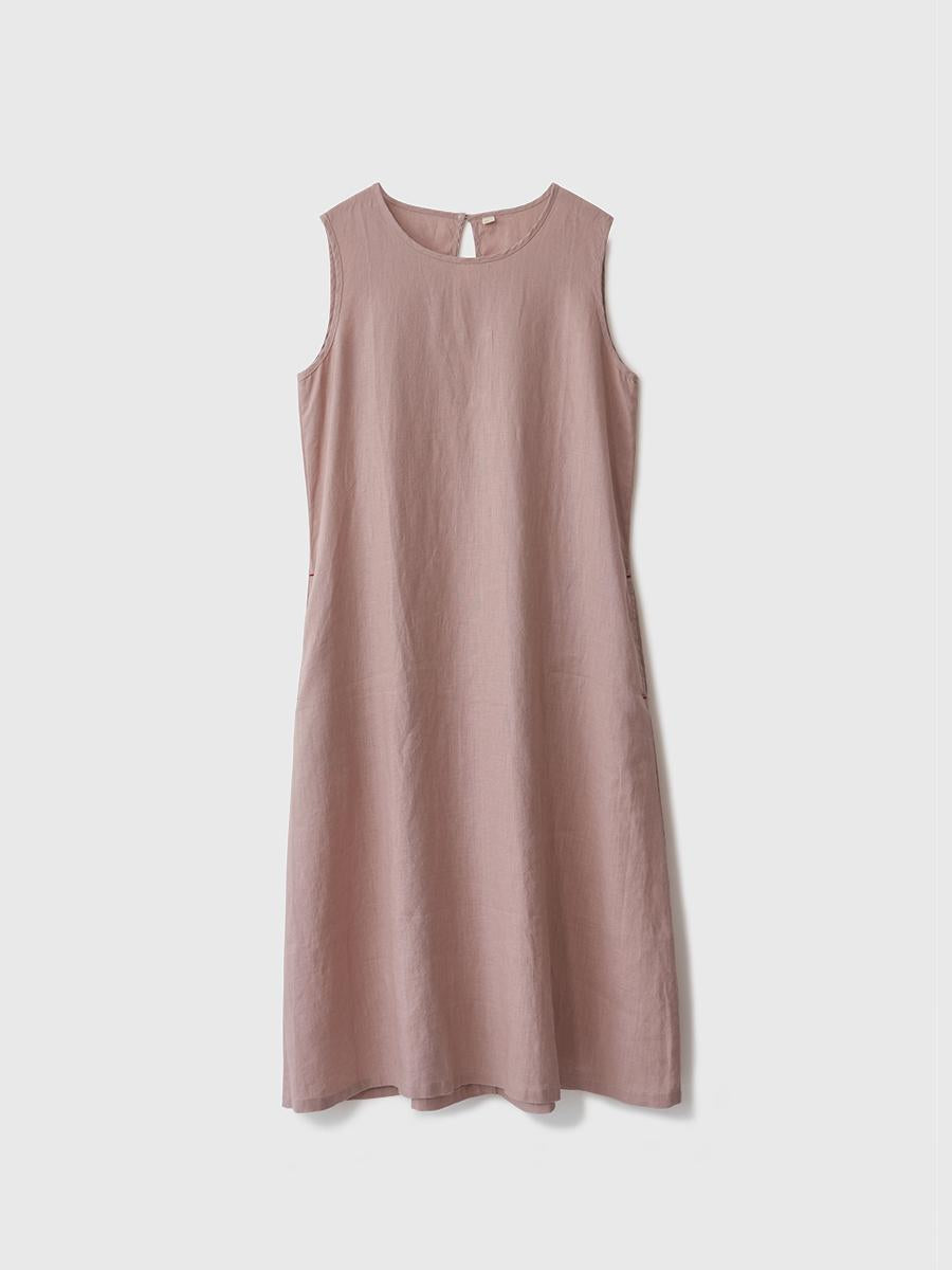Women's Round Neck Sleeveless Loose 100% Linen Midi Dress Casual Summer Beach Vacation - Seldom Seen Styles