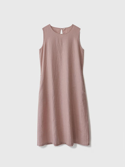 Women's Round Neck Sleeveless Loose 100% Linen Midi Dress Casual Summer Beach Vacation