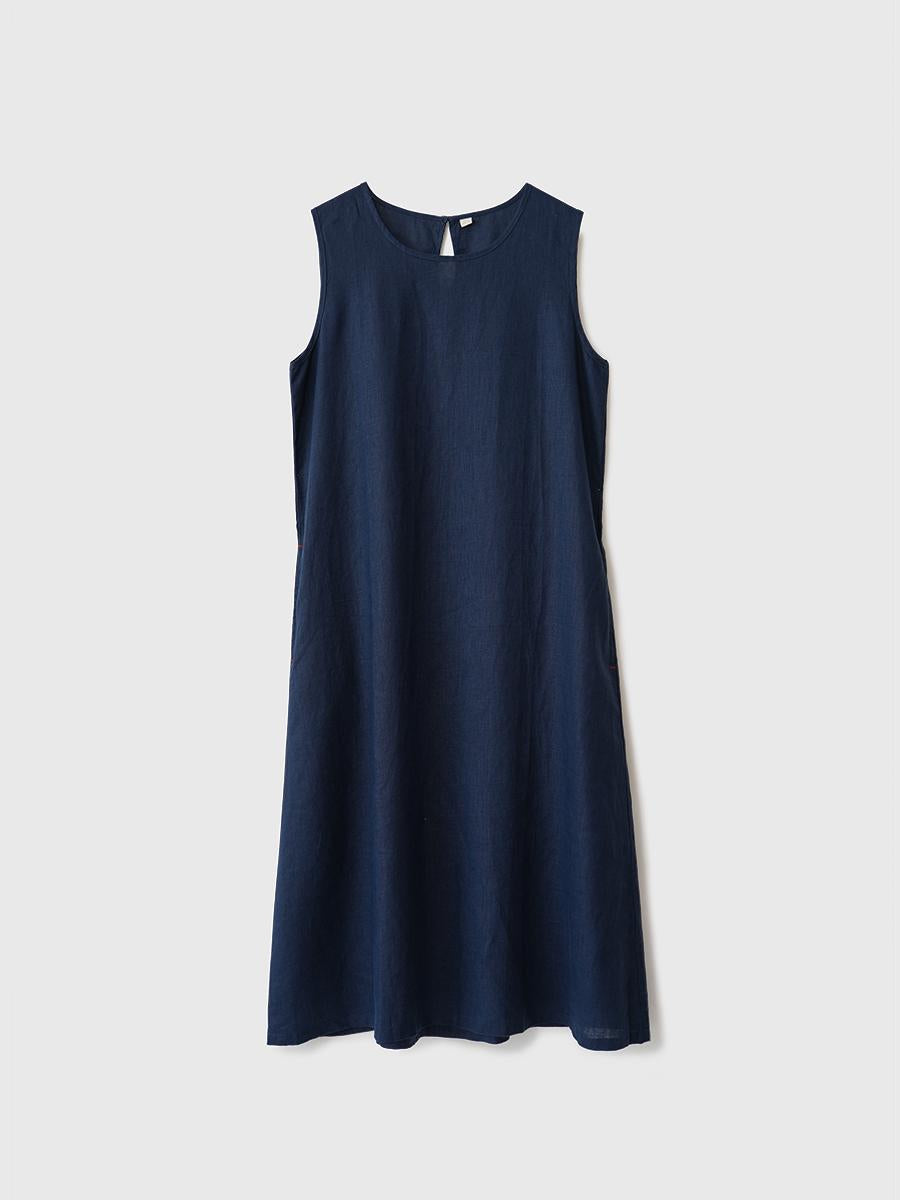 Women's Round Neck Sleeveless Loose 100% Linen Midi Dress Casual Summer Beach Vacation - Seldom Seen Styles