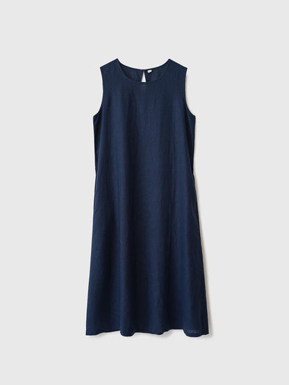 Women's Round Neck Sleeveless Loose 100% Linen Midi Dress Casual Summer Beach Vacation