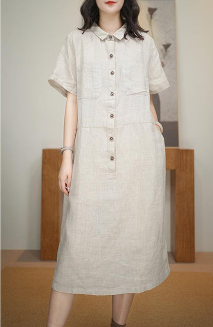 Women's Shirt Collar Short Sleeve Button-Down 100% Linen Midi Dress One Size Casual Summer