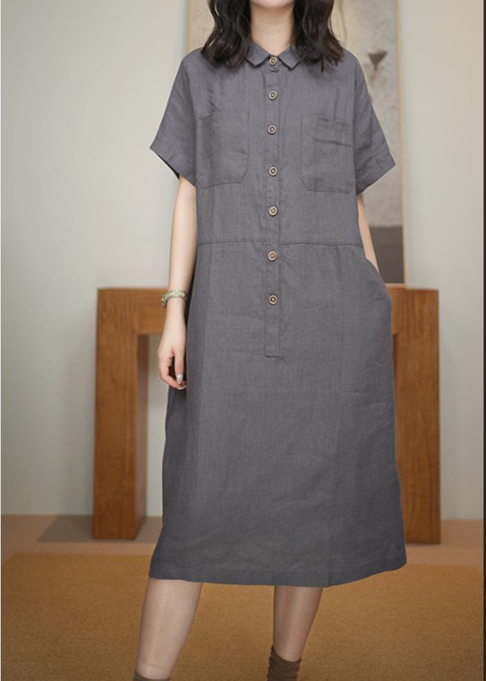 Women's Shirt Collar Short Sleeve Button-Down 100% Linen Midi Dress One Size Casual Summer - Seldom Seen Styles