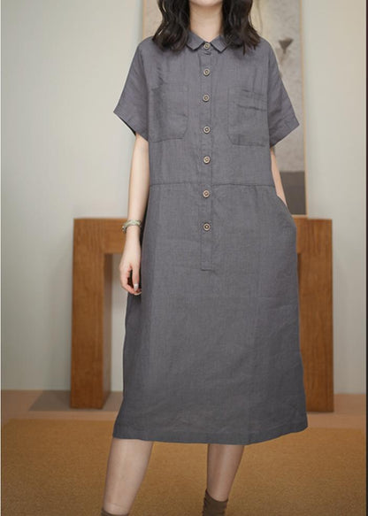 Women's Shirt Collar Short Sleeve Button-Down 100% Linen Midi Dress One Size Casual Summer