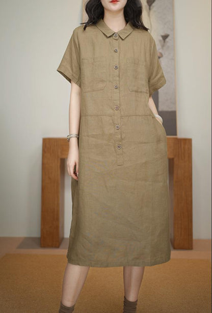 Women's Shirt Collar Short Sleeve Button-Down 100% Linen Midi Dress One Size Casual Summer