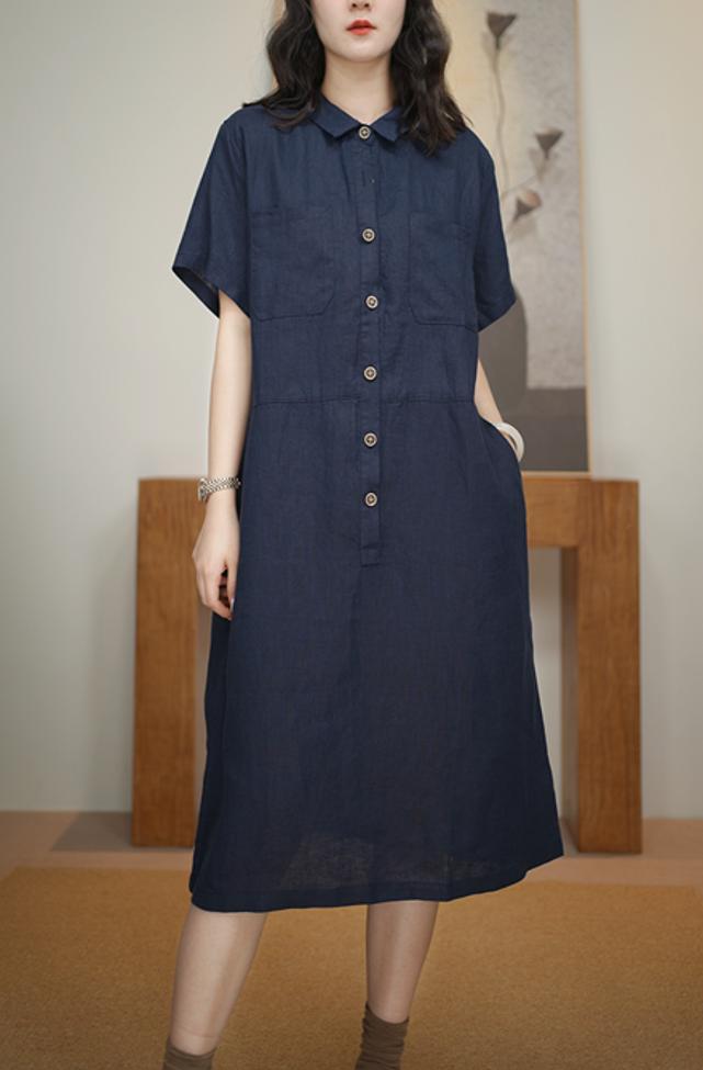 Women's Shirt Collar Short Sleeve Button-Down 100% Linen Midi Dress One Size Casual Summer - Seldom Seen Styles