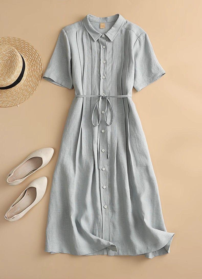 Women's Shirt Collar Short Sleeve Pintuck Button-Down Tie Waist Linen Midi Dress Casual Summer Vacation - Seldom Seen Styles