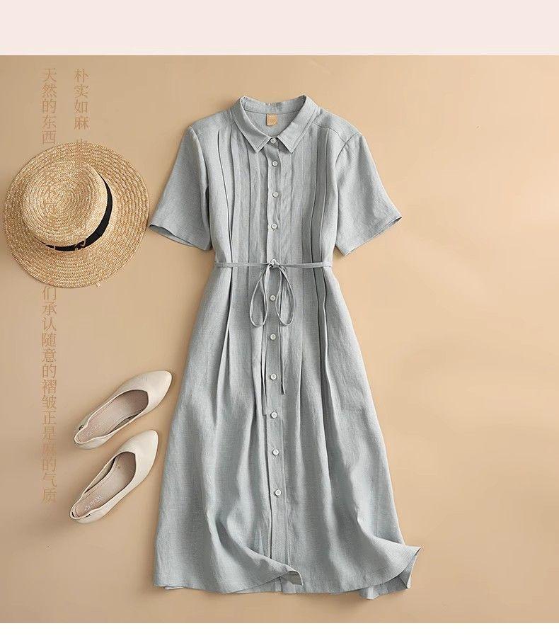 Women's Shirt Collar Short Sleeve Pintuck Button-Down Tie Waist Linen Midi Dress Casual Summer Vacation - Seldom Seen Styles