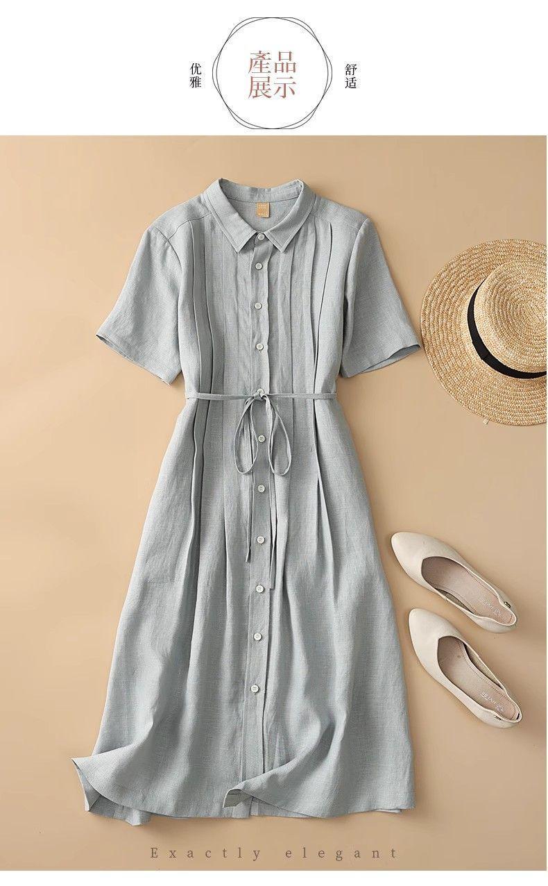 Women's Shirt Collar Short Sleeve Pintuck Button-Down Tie Waist Linen Midi Dress Casual Summer Vacation - Seldom Seen Styles