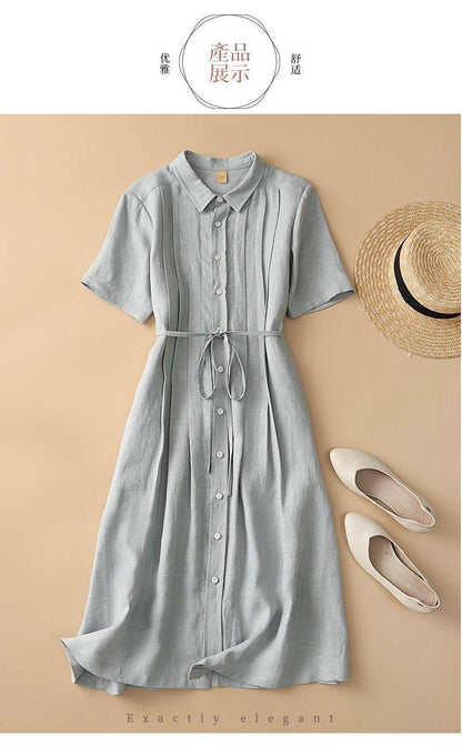 Women's Shirt Collar Short Sleeve Pintuck Button-Down Tie Waist Linen Midi Dress Casual Summer Vacation