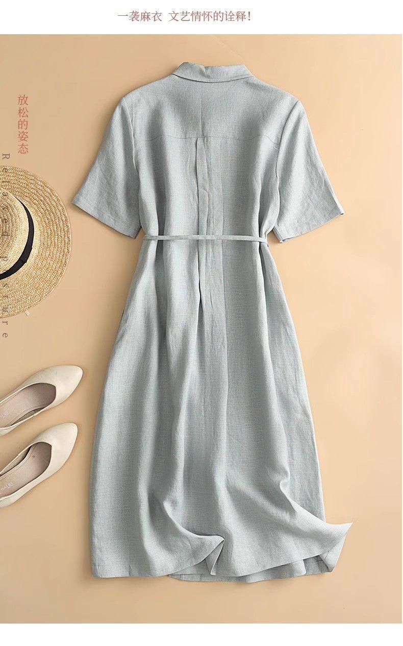 Women's Shirt Collar Short Sleeve Pintuck Button-Down Tie Waist Linen Midi Dress Casual Summer Vacation - Seldom Seen Styles
