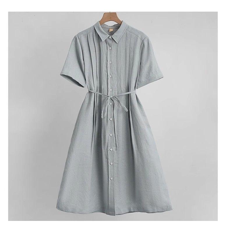 Women's Shirt Collar Short Sleeve Pintuck Button-Down Tie Waist Linen Midi Dress Casual Summer Vacation - Seldom Seen Styles