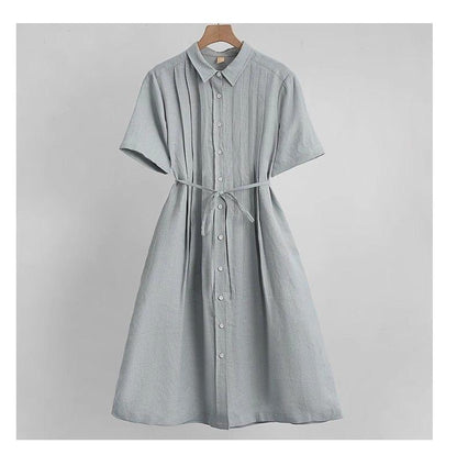 Women's Shirt Collar Short Sleeve Pintuck Button-Down Tie Waist Linen Midi Dress Casual Summer Vacation