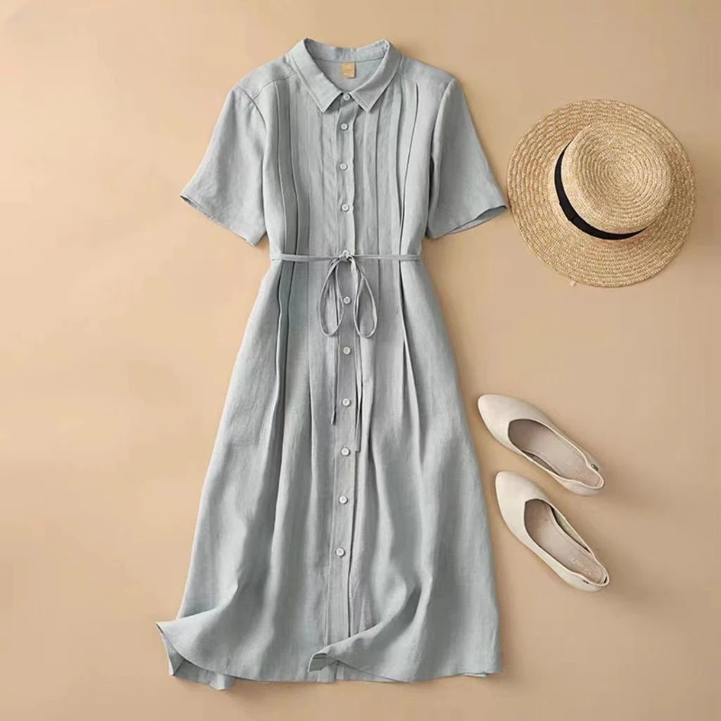 Women's Shirt Collar Short Sleeve Pintuck Button-Down Tie Waist Linen Midi Dress Casual Summer Vacation - Seldom Seen Styles