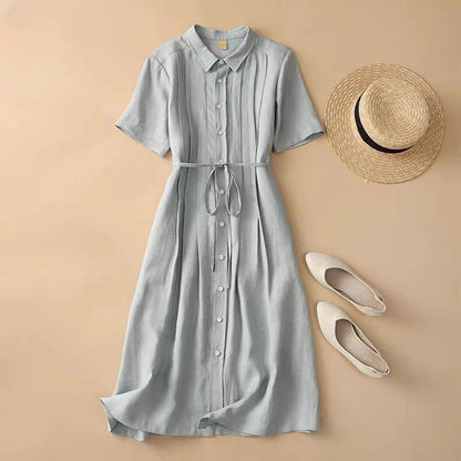 Women's Shirt Collar Short Sleeve Pintuck Button-Down Tie Waist Linen Midi Dress Casual Summer Vacation