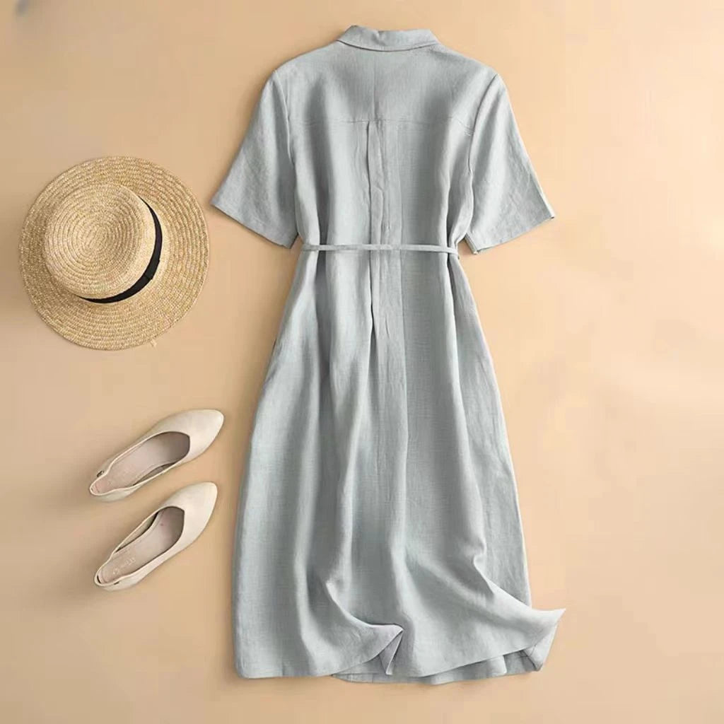 Women's Shirt Collar Short Sleeve Pintuck Button-Down Tie Waist Linen Midi Dress Casual Summer Vacation - Seldom Seen Styles