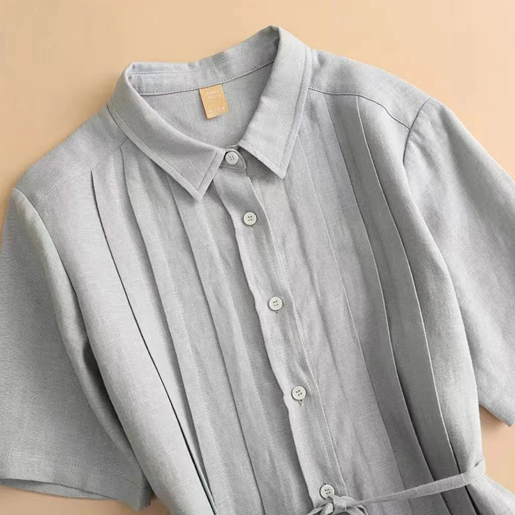 Women's Shirt Collar Short Sleeve Pintuck Button-Down Tie Waist Linen Midi Dress Casual Summer Vacation - Seldom Seen Styles