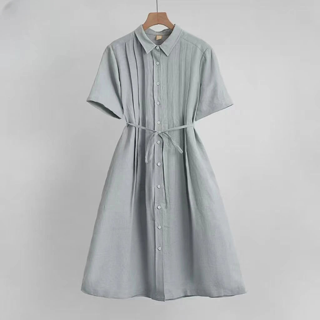 Women's Shirt Collar Short Sleeve Pintuck Button-Down Tie Waist Linen Midi Dress Casual Summer Vacation - Seldom Seen Styles