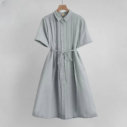Women's Shirt Collar Short Sleeve Pintuck Button-Down Tie Waist Linen Midi Dress Casual Summer Vacation