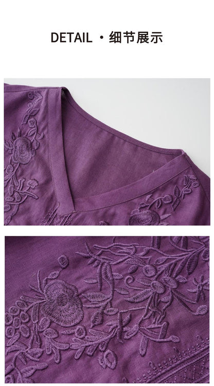 Women's V-Neck 3/4 Sleeve Embroidered 100% Linen Midi Dress Loose Fit Elegant Casual Summer