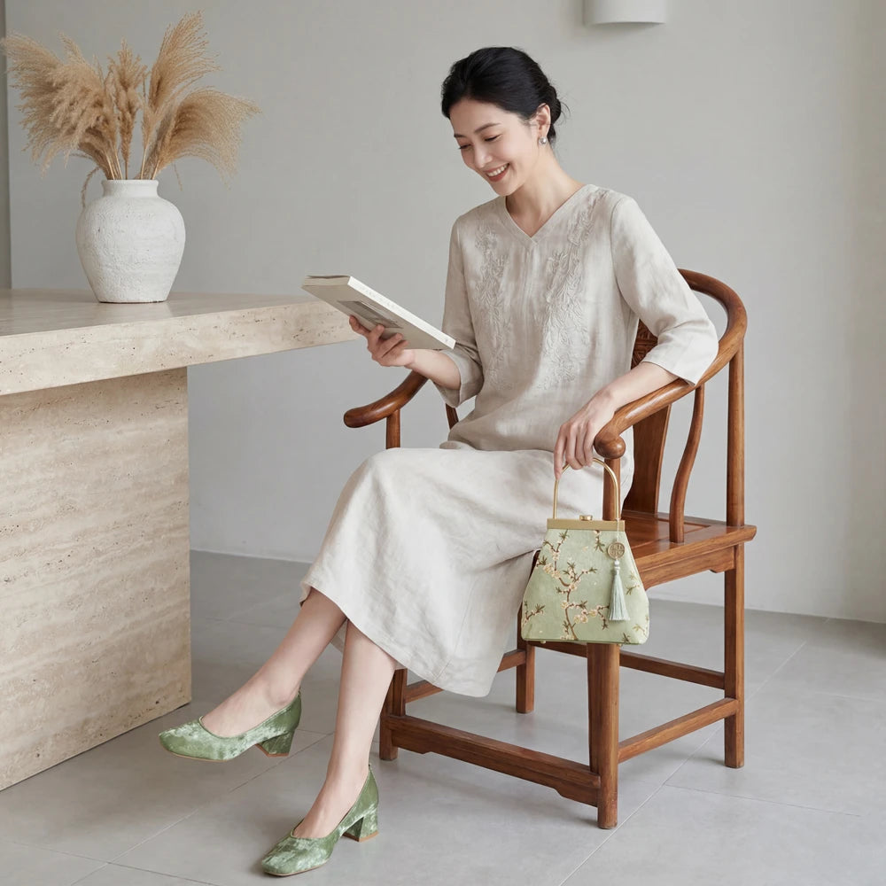 Women's V-Neck 3/4 Sleeve Embroidered 100% Linen Midi Dress Loose Fit Elegant Casual Summer - Seldom Seen Styles