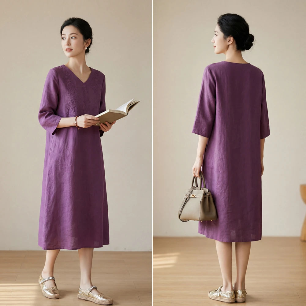 Women's V-Neck 3/4 Sleeve Embroidered 100% Linen Midi Dress Loose Fit Elegant Casual Summer - Seldom Seen Styles