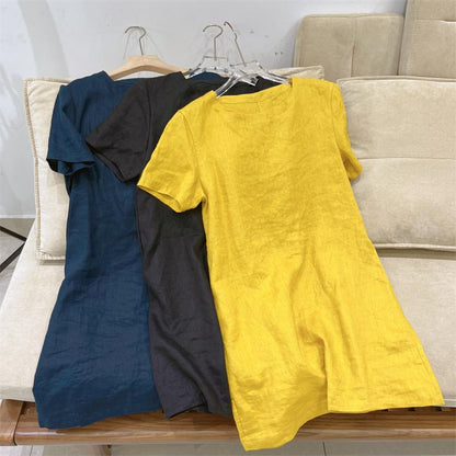 Women's Crew Neck Short Sleeve Straight 100% Linen Mini Dress Casual Summer Beach Vacation