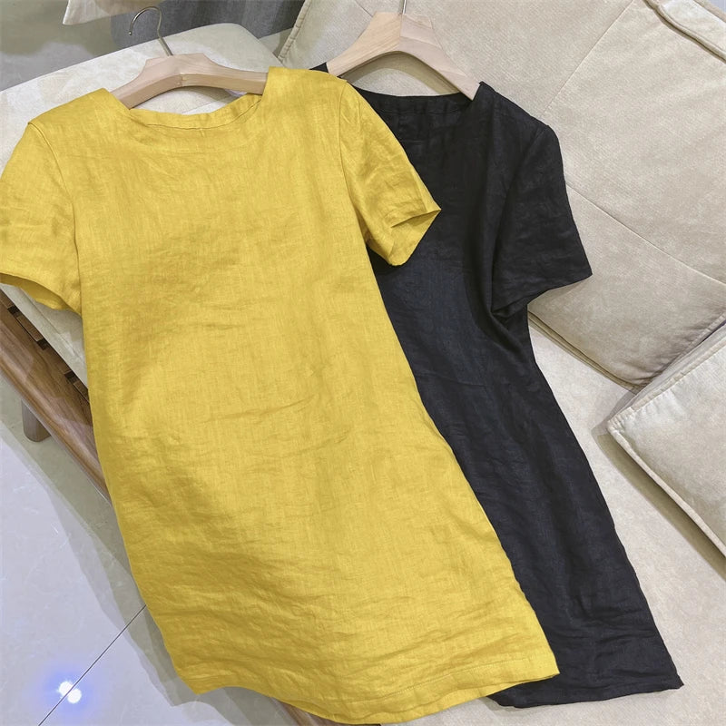 Women's Crew Neck Short Sleeve Straight 100% Linen Mini Dress Casual Summer Beach Vacation - Seldom Seen Styles