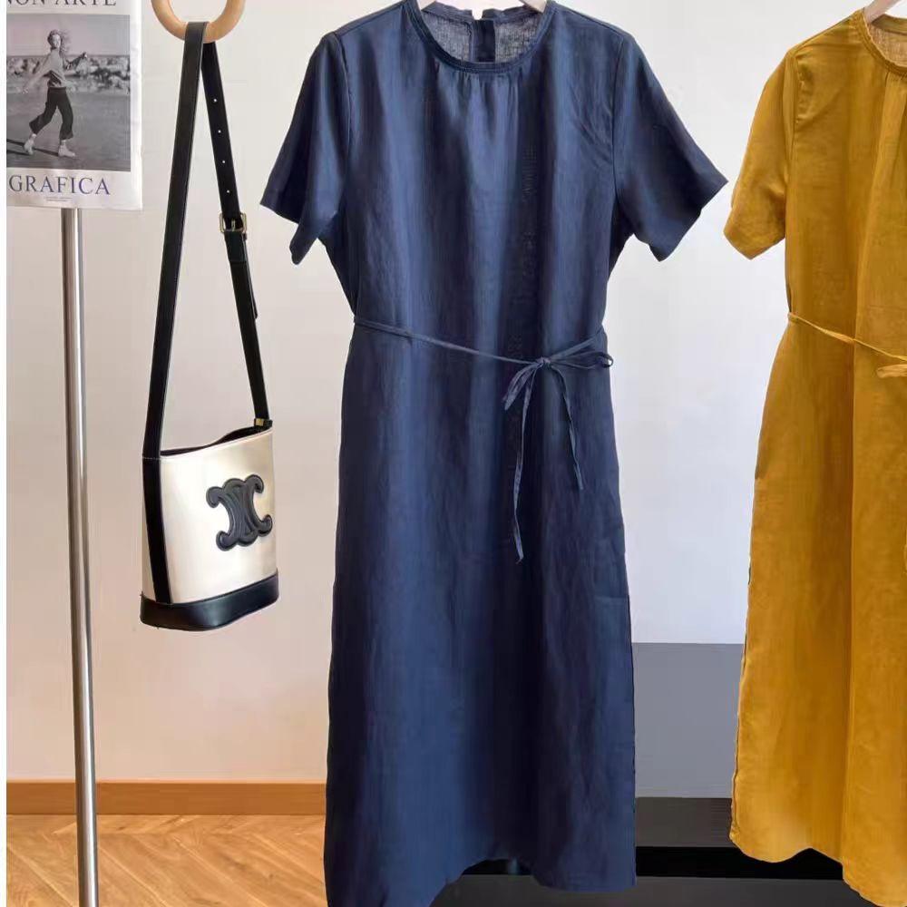 Women's Crew Neck Short Sleeve Tie Waist 100% Linen Midi Dress Casual Summer Beach Vacation - Seldom Seen Styles