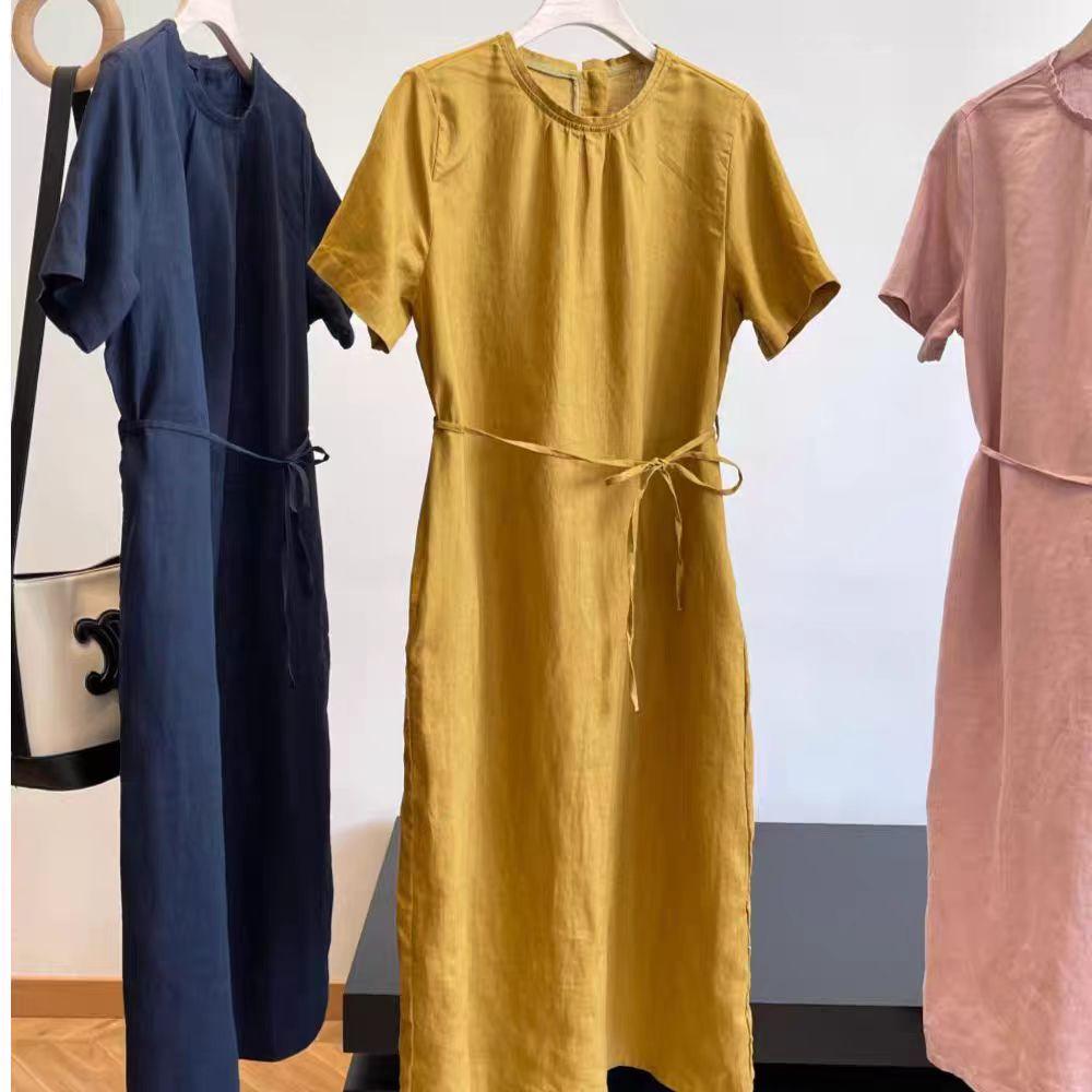 Women's Crew Neck Short Sleeve Tie Waist 100% Linen Midi Dress Casual Summer Beach Vacation - Seldom Seen Styles