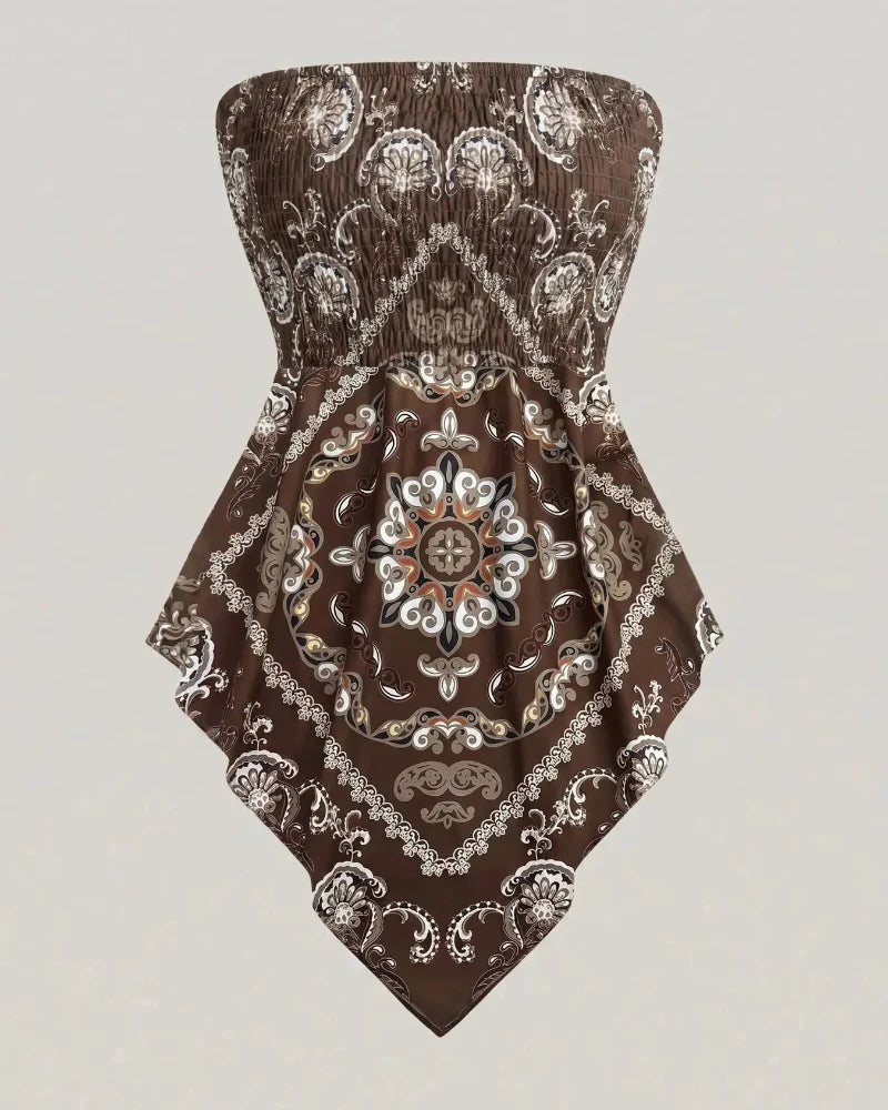 Boho Plus Size Ethnic Print Tube Top Asym Hem