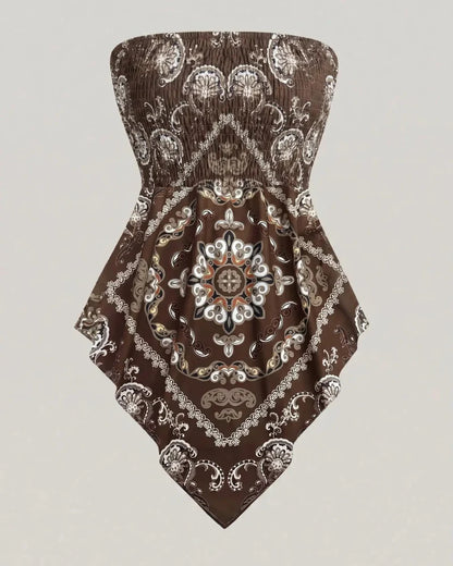 Boho Plus Size Ethnic Print Tube Top Asym Hem