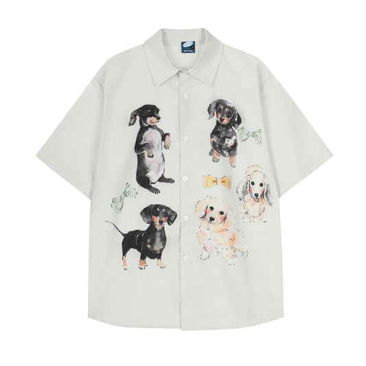 Dachshund Dog Print Short Sleeve Shirt Oversized Button Down Cute Graphic Streetwear Y2K Casual Summer Top | Wiener Club - Seldom Seen Styles