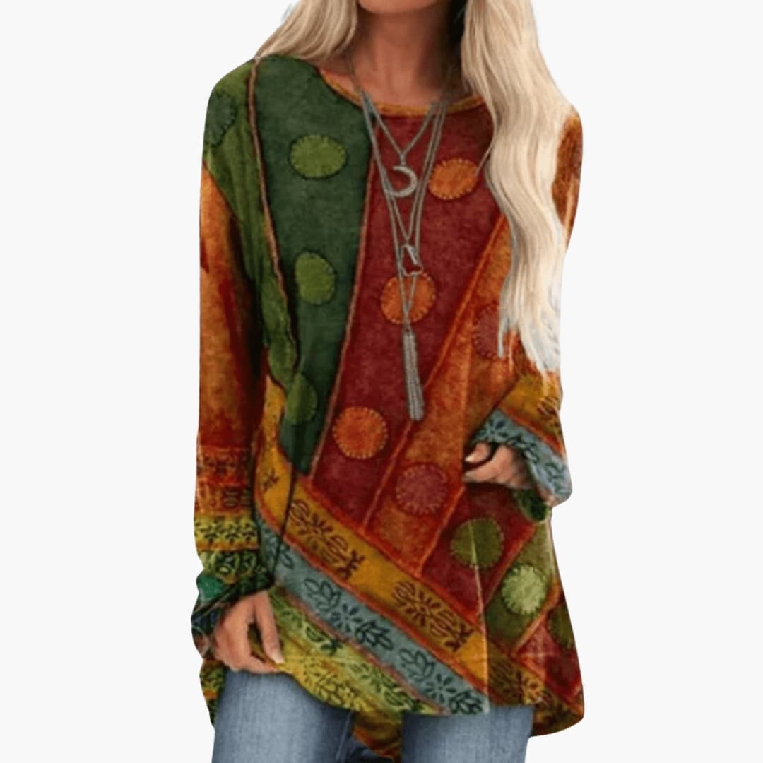 Women's Long Sleeve Tunic with Artistic Patchwork Pattern - Seldom Seen Styles